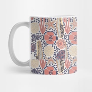 Abstract underwater plants. Seastar corals sponges reef. Blue yellow pink ocean themed print. Distressed look. Mug